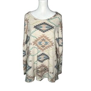 Aztec Print Long Sleeve Top‎ Boho Southwestern Style Shirt 1XL-2XL
